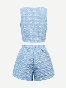 SHEIN 青少年女孩休閒V領蝴蝶結裝飾無袖紋理背心與短褲套裝 KIDS - 淺藍色 - 查看 3
