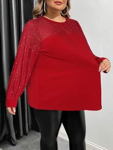 SHEIN CURVE+ 大码长袖女式上衣，日常休闲服装 - 紅色 - 查看 6