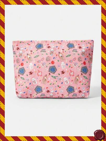 HARRY POTTER X SHEIN 1 Cartoon Printed Corduroy Zipper Makeup Bag, Lightweight Multifunctional Lined Makeup Storage Bag