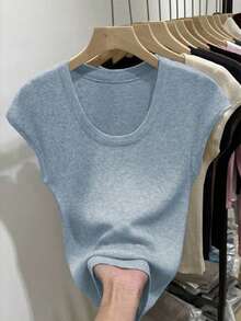 SHEIN 2025春夏新款U领简约百搭短袖针织衫 - 淺藍色 - 查看 1
