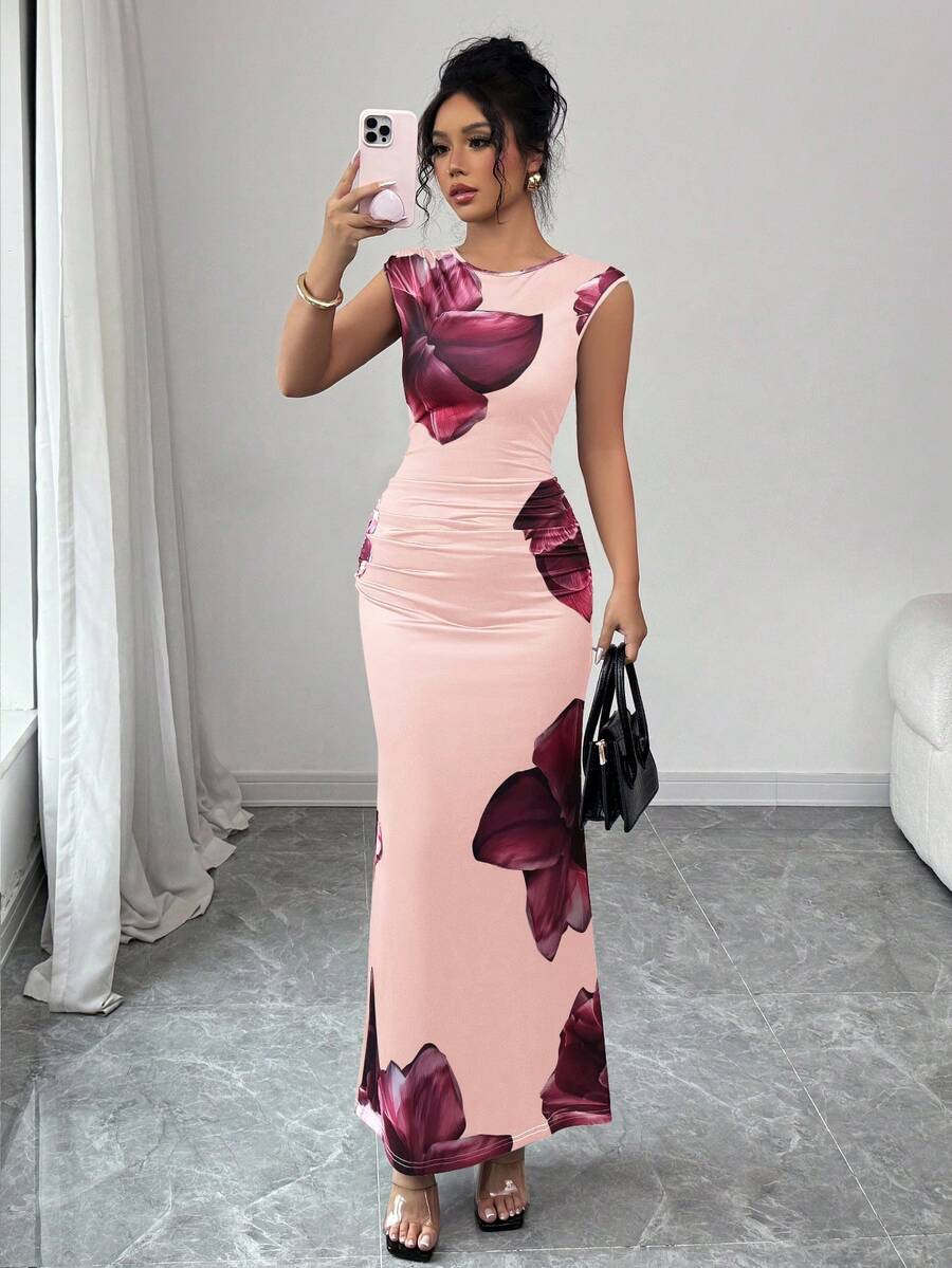 Elenzga Vacation Round Neck Sleeveless Floral Print Elegant Women Dress - Baby Pink - View 1