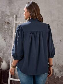 EMERY ROSE Plus Size Pleated Front Button Casual Versatile Shirt For Summer/ Vacation Beach Holiday Casual Going Out Tops Button Up Top - Navy Blue - View 8