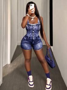 BamGleam Bộ đồ liền thân denim không tay cổ vuông cho nữ - Màu Cam cháy - Xem 3