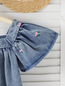 Elladie kids 年轻女孩时尚休闲优雅牛仔连衣裙，短袖柔美花卉图案设计连衣裙 - 藍色 - 查看 10