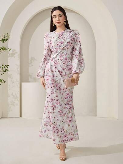 Veilorie New Design Ruffle Floral Waist Cinched Mermaid Hem Romantic Elegant Vacation Dress