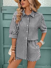 SHEIN Frenchy Linen Texture Two Pieces Women Casual Set With Loose Striped Off-Shoulder Blouse And Shorts, Summer Vacation Season, Summer Clothes, Comfy, Boho, Mom, Beach Women Outfits, Swimsuit Cover Up, Mother Day Dress, Elegant Teacher - Black and White - View 2