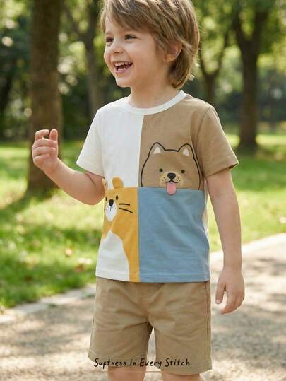 Cozy Pixies 2件套幼儿男童卡通动物熊虎印花针织柔软圆领撞色短袖上衣和松紧腰短裤套装，可爱休闲装，适合居家、户外、派对、假日穿着