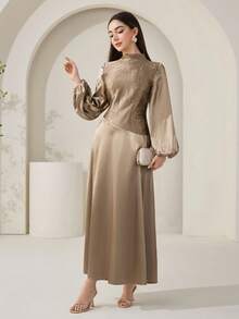 Veilorie Nuevo vestido de cóctel elegante de patchwork con correa en la cintura, estilo de lujo y elegante para fiestas - Marrón - Ver 3