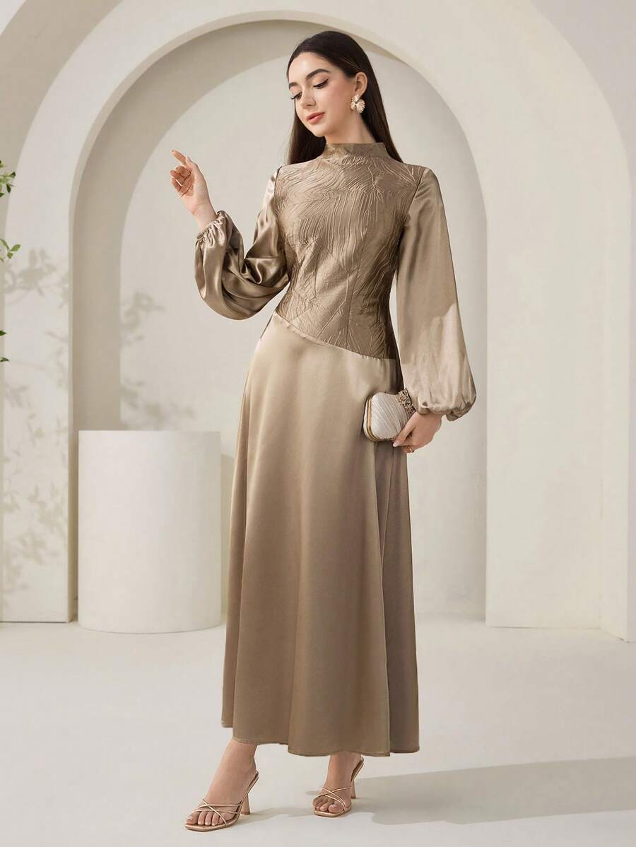 Veilorie New Elegant Patchwork Backstrap Waist Cocktail Dress, Luxury Chic Style For Party - Brown - View 1