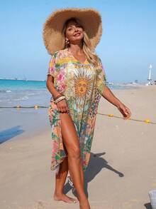 Swim Lushoire Women's New Printed Mesh V-Neck Long Beach Cover-Up Cover Up, Spring/Summer - Multicolor - View 4