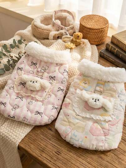 PETSIN 宠物背心 冬季棉绒娃娃领背心开衫背心 狗狗猫咪牵引扣棉质韩版蝴蝶结小熊印花宠物服装