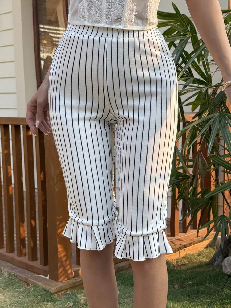 Women's Striped Ruffle Hem Bermuda Shorts, Casual, Elegant For Vacation, Beach, Wedding, Commute, Slim Fit, Spring/Summer Y2k