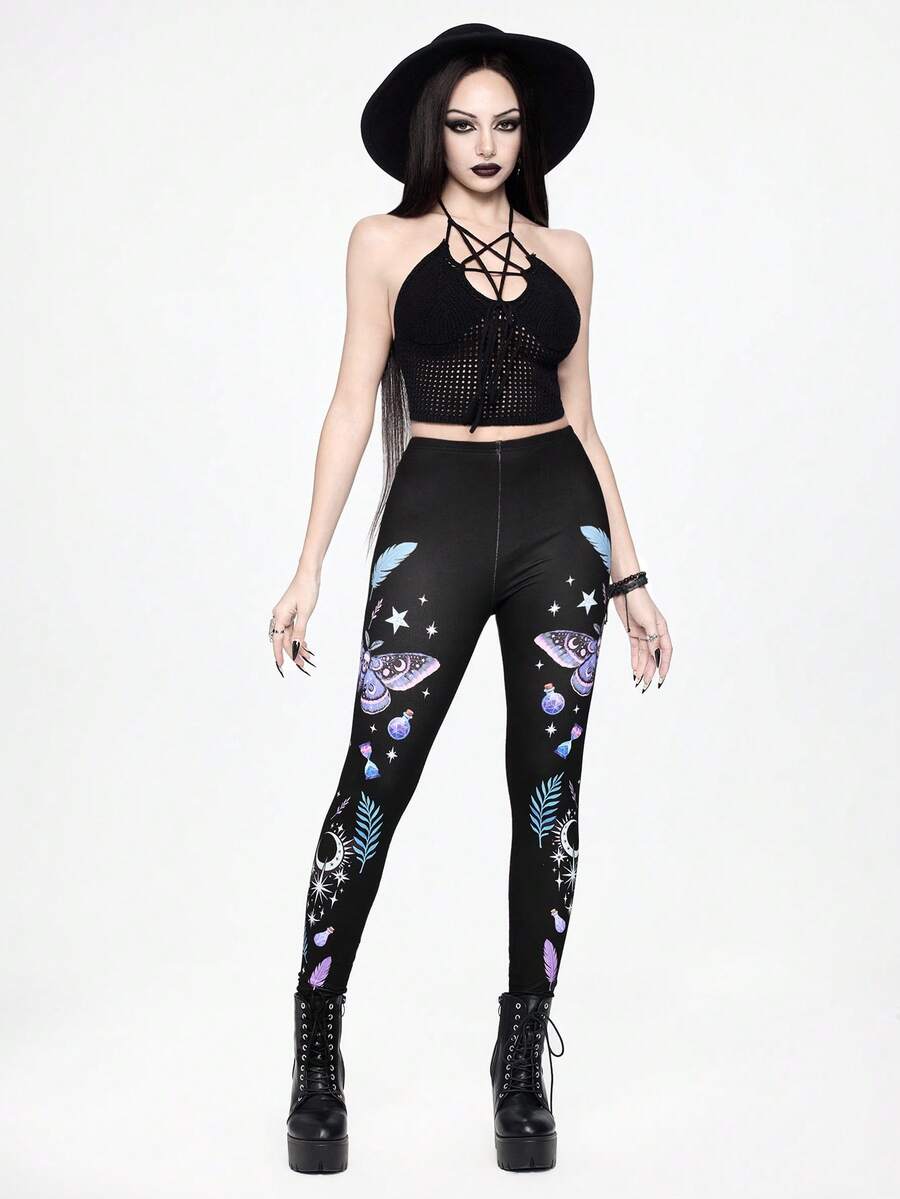 ROMWE Vacation Outfit Gothic Mysterious Moth Print Tight Leggings For Women - Black - View 1