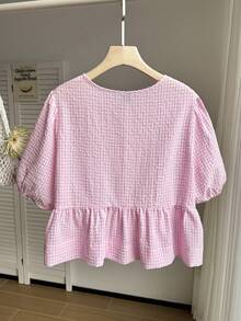 SHEIN EZwear 加大码女士夏季印花荷叶边下摆上衣，饰有蝴蝶结 - 粉色 - 查看 2