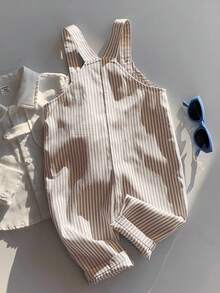 SHEIN 男婴休闲可爱百搭条纹卡通熊图案围兜连体衣 - 彩色 - 查看 2