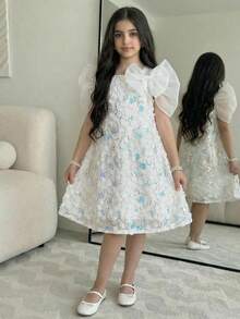 SHEIN Tween Girl Spring/Summer Elegant Sequin Embroidered Lace Large Bow Decor Exaggerated Sleeve A-Line Dress White Suitable For Wedding Season Flower Girl Dress Tween Girl - White - View 6