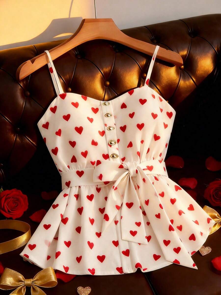 Franclia Women's Camisole With Faux Placket Button Effect, Waist Tie Bow Design, Spaghetti Strap, Digital Printed, Fashionable & Versatile, Suitable For Valentine's Day Heart Dress Cute Dresses Summer Heart Top Cute Top Bow Top Heart Print Top Womens Tops Bow Waist Top Strappy Top - Multicolor - View 1