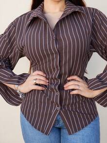Lupita Cardoza Women's Elegant Striped Button-Up Cinched Waist Shirt, Back To School Teacher, Fall Clothes For Women, Fall Tops, Brown Shirt, Brown Tops - Multicolor - View 6
