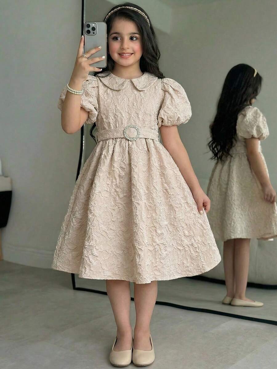 SHEIN Tween Girl Elegant Collared Jacquard Fabric Petal Sleeve Mid-Length Dress Tween Girl - Black - View 1