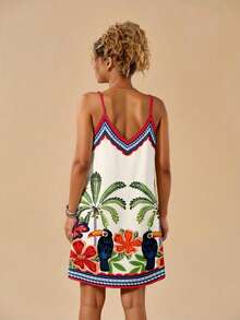 Travachic Đầm không tay dáng rộng, phong cách bohemian, họa tiết cây cối và chim chóc nhiệt đới, thích hợp cho mùa hè. - Nhiều màu - Xem 2