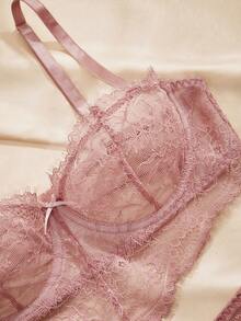 Charlaine 蕾丝拼接3/4罩杯钢圈文胸内裤套装，浪漫法式风格，优雅精致，女士内衣 - 藕粉色 - 查看 3