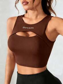 Easithlete 女士夏季字母印花镂空露脐运动背心 - 卡其色 - 查看 6