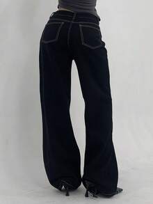DAZY Women's Casual Contrast Stitch Wide Leg Jeans, - Black - View 5