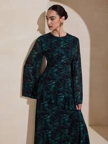 Graceveil Đầm nữ màu xanh ô liu mùa thu, chất liệu chiffon, in hoa, thiết kế thắt eo thanh lịch, thích hợp cho đi chơi và hẹn hò. - Màu xanh lá cây đậm - Xem 5