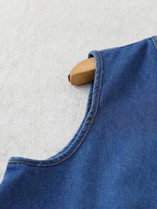 EMERY ROSE 女士V领纽扣设计不对称下摆休闲无袖牛仔上衣 - 藍色 - 查看 3