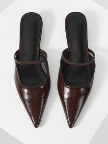 Mnmlis 芭蕾舞鞋系带尖头细跟高跟鞋皮鞋 - 咖啡棕 - 查看 2