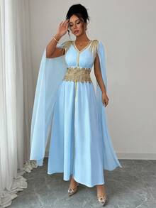 Elenzga Women's V-Neck Applique Shawl Collar Elegant Waist Cinched Long Party Dress - Baby Blue - View 5