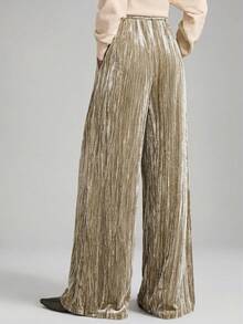 Ontre 女士百搭丝绒面料舒适柔软直筒裤，前褶设计，弹性腰带，适合都市通勤、商务、休闲、办公穿着，也适合圣诞节、新年派对等优雅场合。 - 灰色 - 查看 3