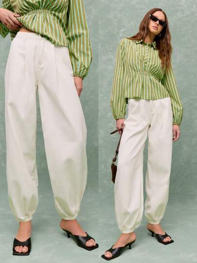 Nöista Jeans de barril con una cintura estructurada, volumen suave a través de la pierna, bajos elásticos para una silueta moderna y esculpida. Una prenda básica versátil para looks de verano: looks de vacaciones de primavera, fácil de combinar con suéteres o blusas para looks casuales de todos los días, vestimenta elegante para vacaciones de primavera o looks relajados de cumpleaños para ropa, eventos de salida.