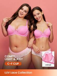 LUVLETTE Plus  Woman Lingerie Pink Full Coverage Support&Breathable Underwire Sexy Unlined Sheer Minimizer Lace Bra - Pink - View 1