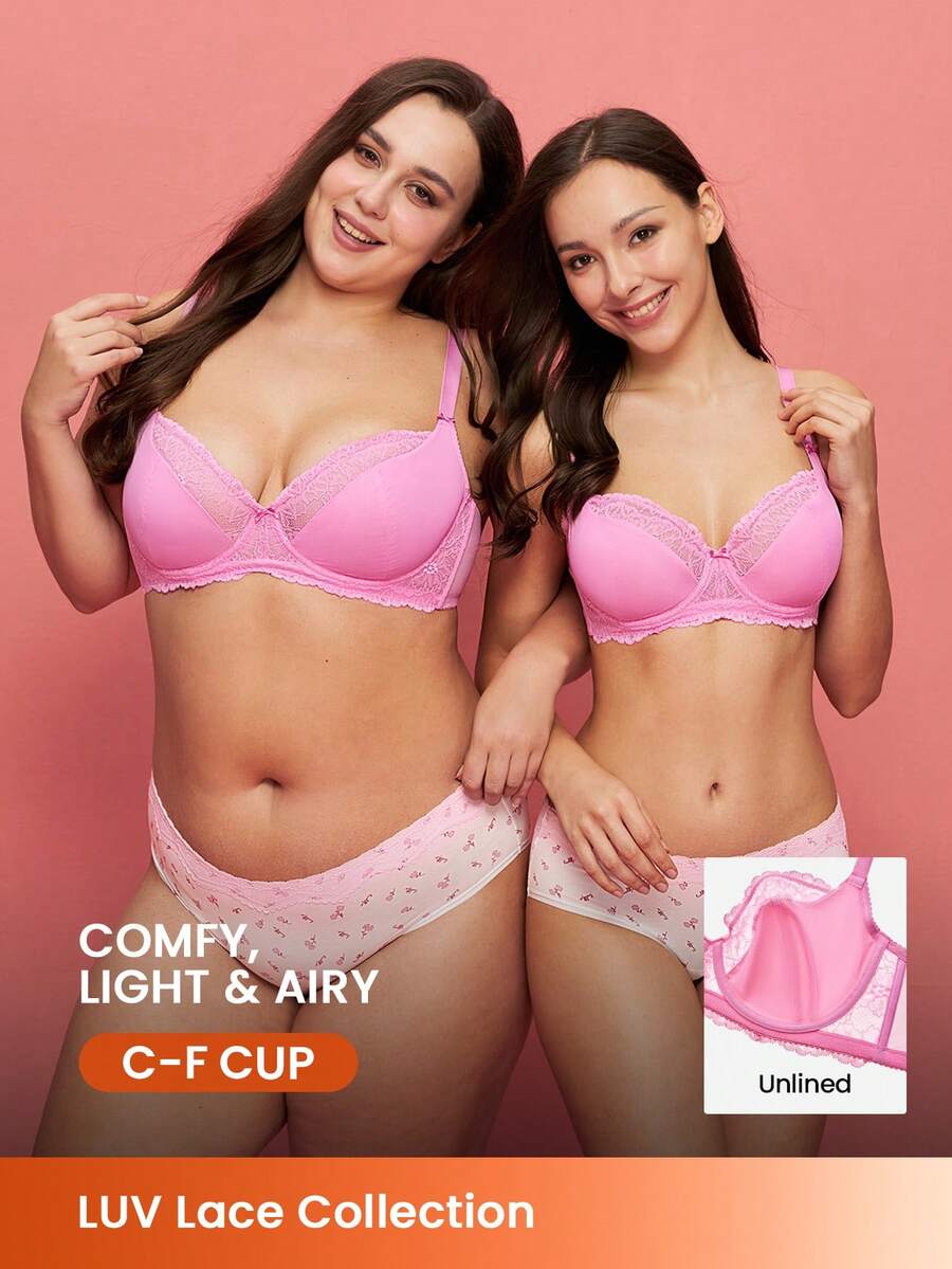 LUVLETTE Plus  Woman Lingerie Pink Full Coverage Support&Breathable Underwire Sexy Unlined Sheer Minimizer Lace Bra - Pink - View 1