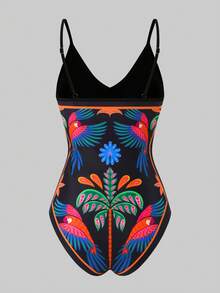 Swim Oasis 2026 大码女士时尚性感深V领热带鸟类数码印花连体泳衣+裹身裙沙滩套装，夏季 - 黑色 - 查看 5