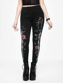 ROMWE Goth Spring/SummerWomen's Dark Forbidden Forest Sword Rose Floral Print Leggings - Black - View 1