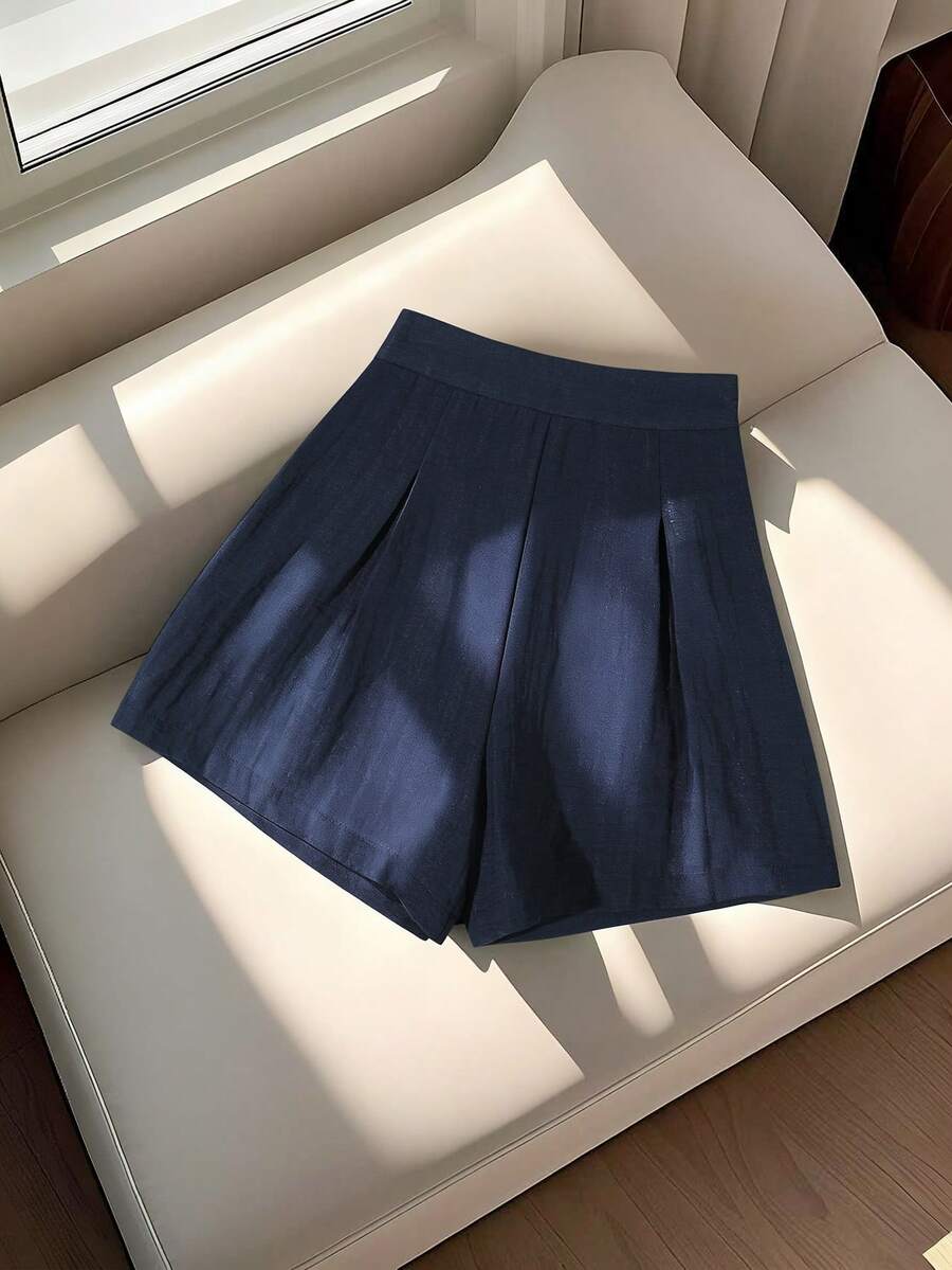 SHEIN Franclia Women's Casual Solid Color Shorts For Summer - Navy Blue - View 1