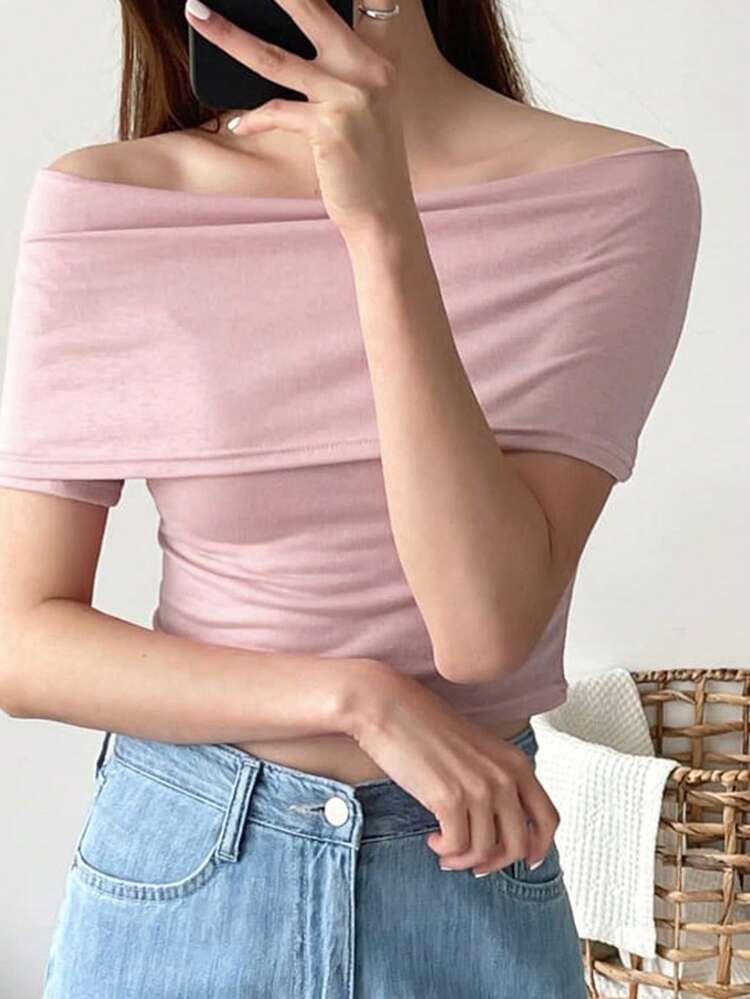 1pc Women's Off-Shoulder Fitted Slim T-Shirt, Gentle Style, Summer