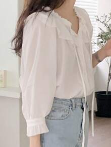 DAZY 女士浪漫荷叶边领长袖衬衫夏季 - 白色 - 查看 7