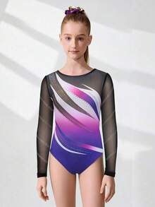 Maillot de niña preadolescente con estampado degradado de malla, decoración con rhinestones brillantes, manga larga, ropa de moda para baile, patinaje artístico, yoga, gimnasia, para todas las estaciones - Multicolor - Ver 3