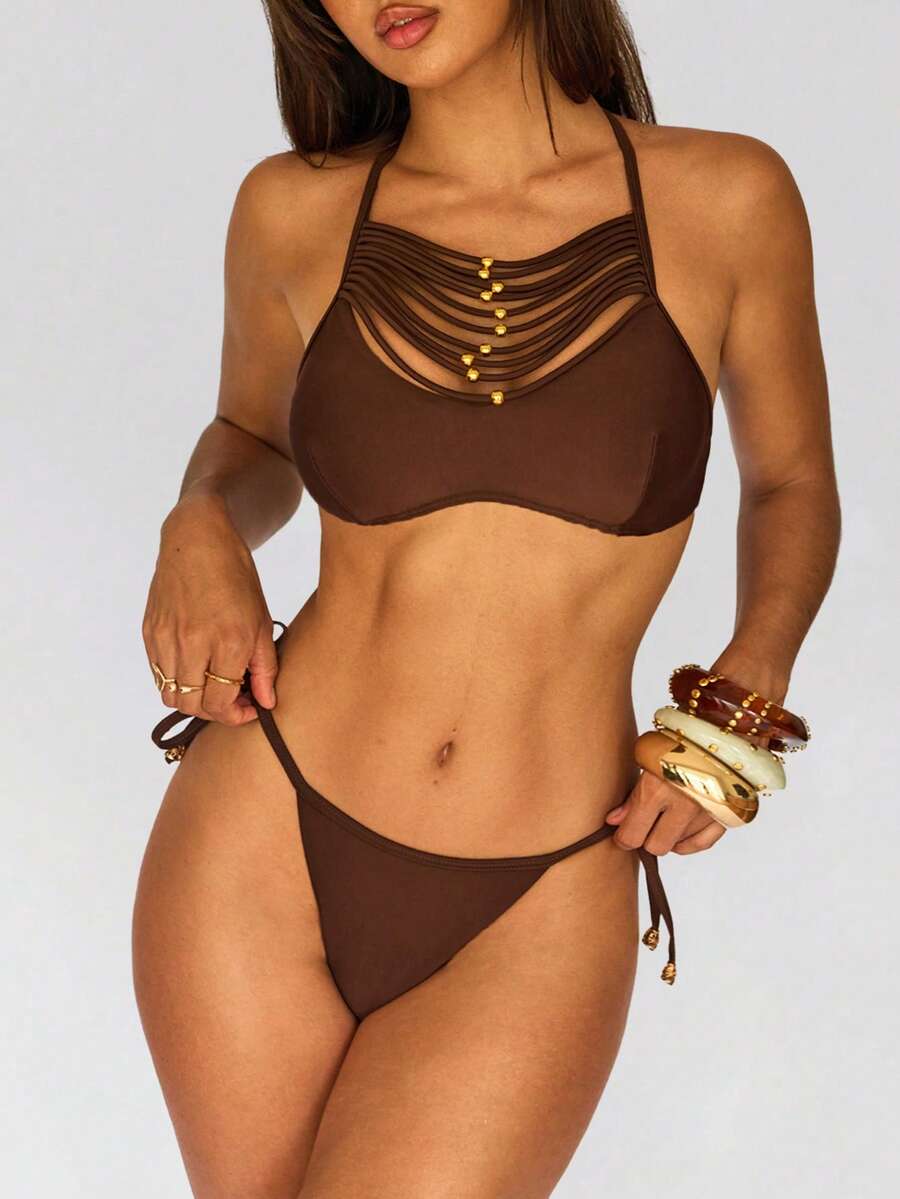Avantive 2026 度假休闲沙滩复古风棕色比基尼泳衣套装 - 棕色 - 查看 1