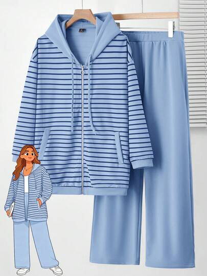 EMERY ROSE مجموعة بنطلون وجاكيت كاجوال مخطط مع جيوب للنساء كبيرات الحجم، خريف/شتاء، قطعتان