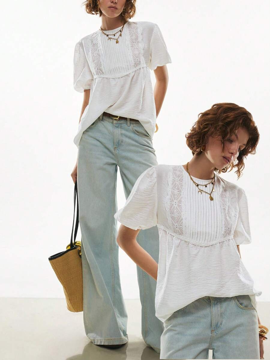 Poéselle 女士圆领烧花刺绣褶皱休闲百搭度假短袖T恤 - 白色 - 查看 1