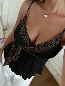 CovetEZ Áo hai dây nữ hai dây thắt nơ phối màu tương phản họa tiết da báo, màu trơn, gợi cảm, thoải mái, đa năng, phù hợp cho các buổi đi chơi, lễ hội âm nhạc, bãi biển, kỳ nghỉ, sinh nhật, tiệc tùng, đám cưới, phong cách sang trọng, Y2K. - Nhiều màu - Xem 7