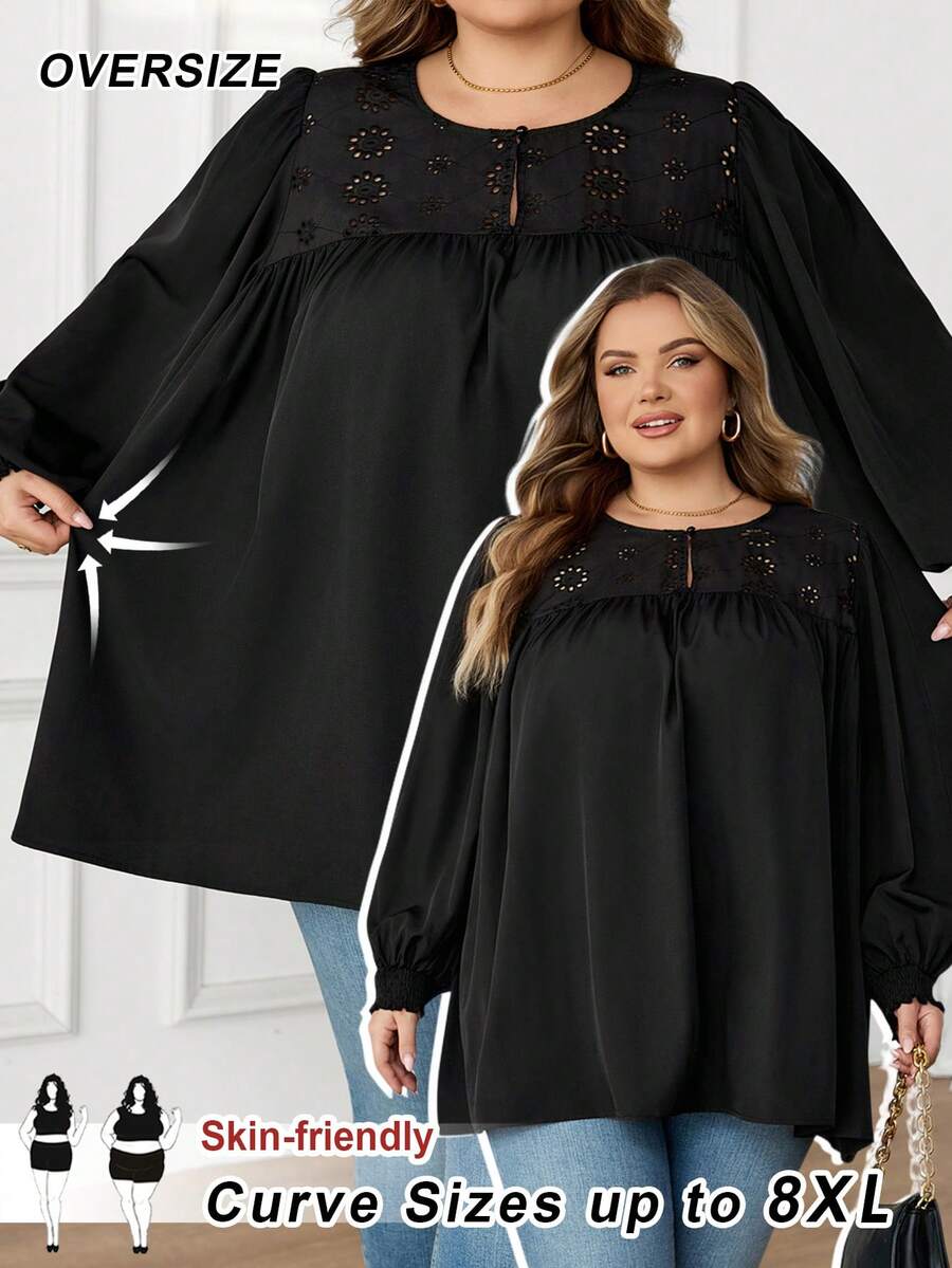 SHEIN CURVE+ Áo kiểu nữ cỡ lớn tay dài cổ tròn thắt nơ phía trước, họa tiết nhiệt đới cổ điển, phong cách Bohemian, trang phục nghỉ dưỡng, Ibiza, mùa thu. - màu đen - Xem 1