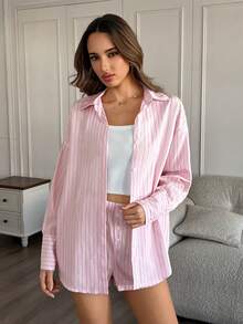 SHEIN Conjunto de pijama de top y shorts a rayas para mujer - Rosa - Ver 3