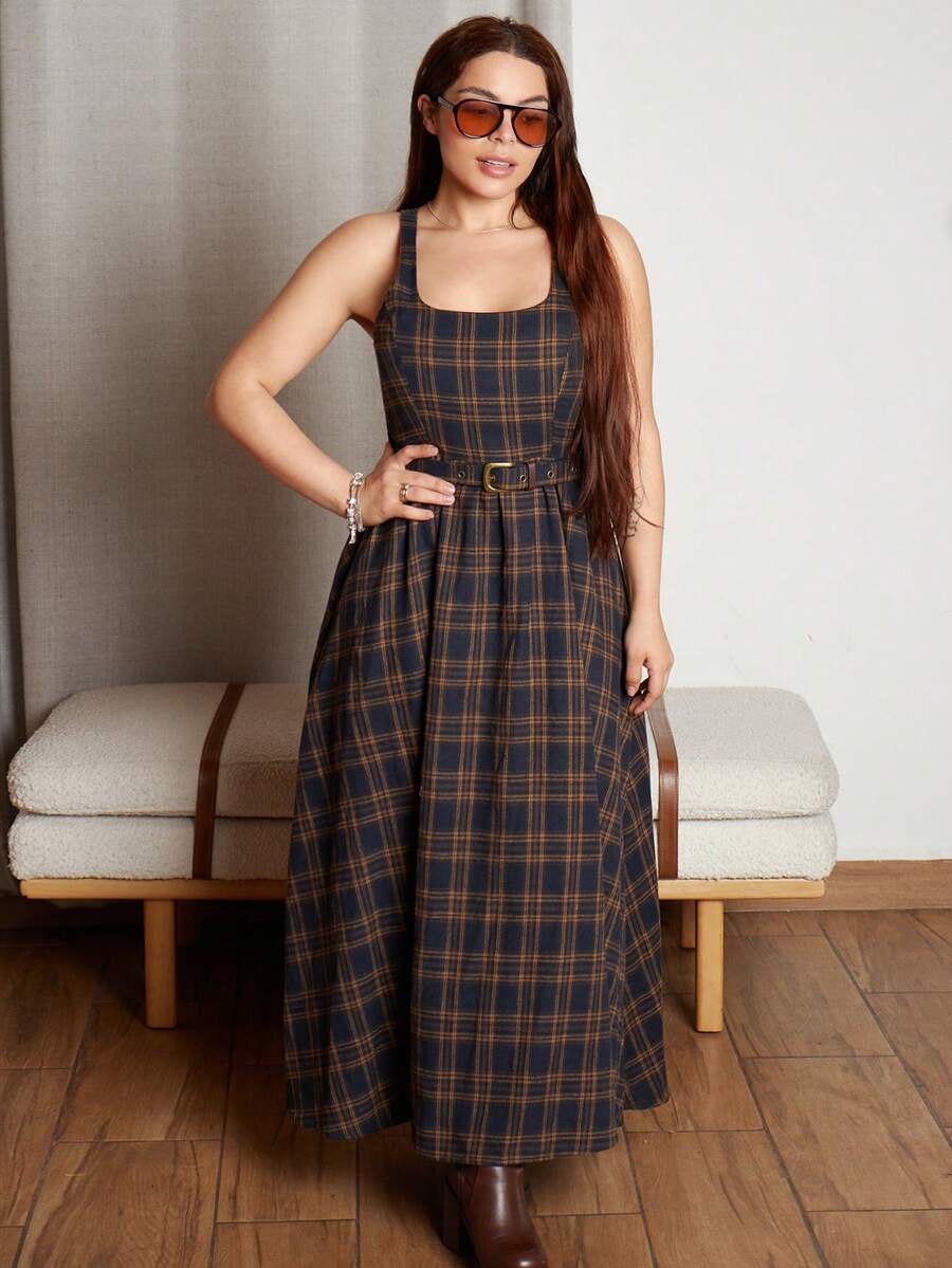 Lupita Cardoza 格子吊带连衣裙女，休闲优雅收腰无袖连衣裙 - 彩色 - 查看 1