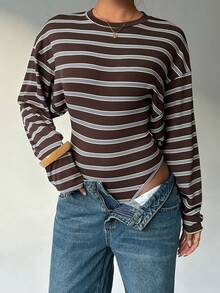 Aloruh Young Lady Casual Everyday Striped Bodysuit With Tight Flare Sleeves - Brown - View 4