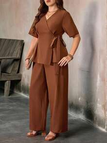 EMERY ROSE Plus Size Women's Solid Color Oblique Placket Bow Tie Waist Shirt And Pants 2 Pieces Set, Casual Vacation & Commute Outfit - Mocha Brown - View 4